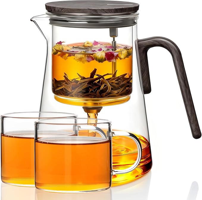 ZENS Magnetic Teapot with Infuser and 2 Cups, 34oz Magic Loose Tea Maker | Glass Magnetic Teapot, Echanted Tea Pot with Infusers for Loose Tea Steeper, Tea Lovers Gift, Walnut Pattern