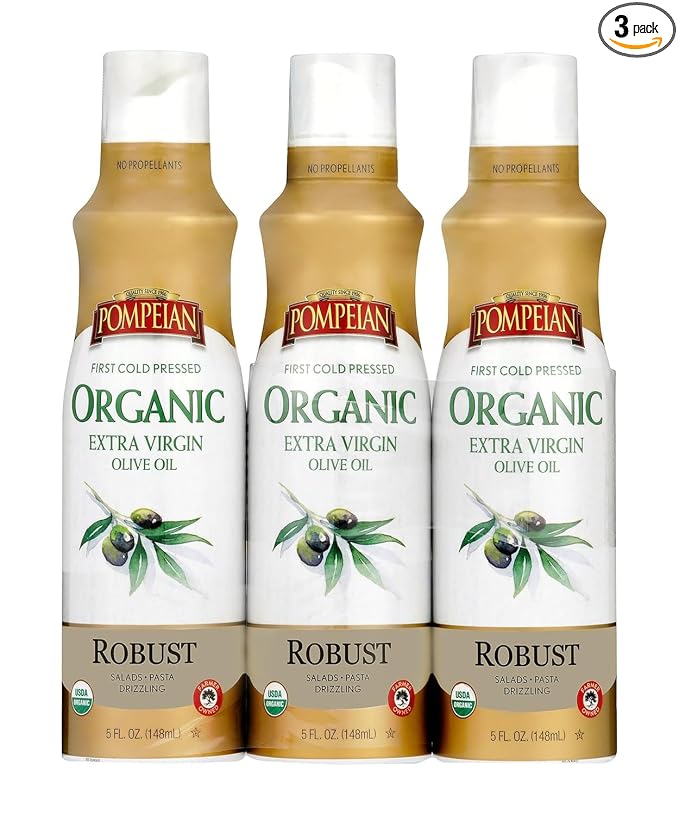 Pompeian Robust Organic Extra Virgin Olive Oil Spray - (3 Pack) 5 fl oz | No Propellants - First Cold Pressed Olive Oil for Cooking - Robust Flavor for Salads, Pasta, and Drizzling