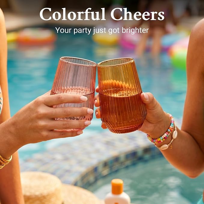Colored Stemless Wine Glasses Set of 6, 14 Oz Lead-Free Ribbed Drinking Glass Cup for Wine, Cocktails, Champagne and Whiskey, Ideal Gifts for Weddings, Bars, Christmas, Halloween,Party, Daily Use