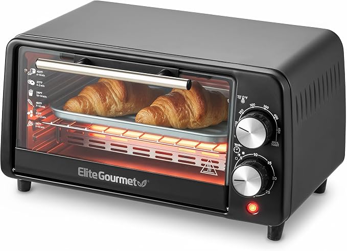 Elite Gourmet ETO449X Toaster Oven, 9.5Qt/4-Slice, 800W Quartz, Black | Fits 8" Pizza, 200-450F Adjustable Temp, 30-Min Timer - compact countertop mini design for small kitchens, dorms, RVs