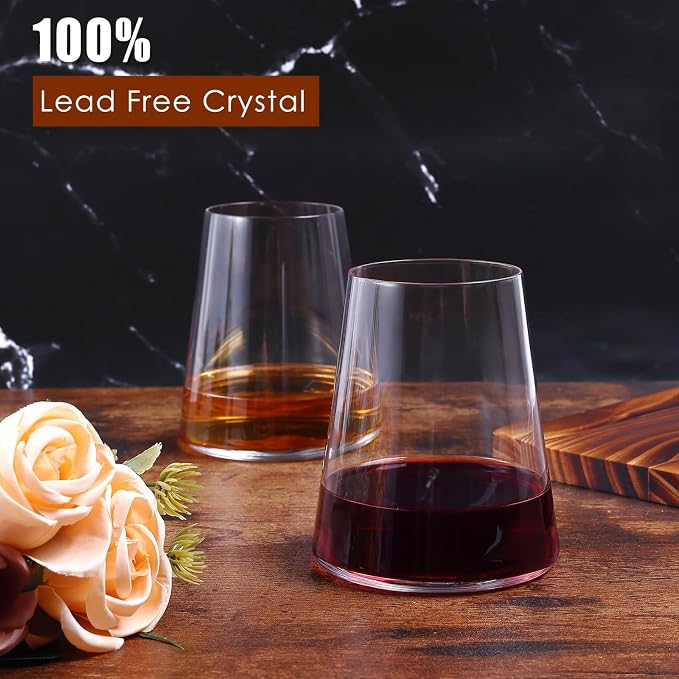 LUXULISH Stemless Wine Glasses Set of 6, Hand Blown Premium Crystal Red White Wine Glass - Modern Drinking Glasses for Women, Men, Wedding, Anniversary, Birthday - 18Oz