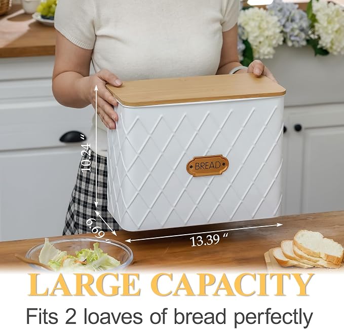Extra Large Rhombus Pattern Embossed Bread Box with Bamboo Lid | Corner Breadbox for Homemade Bread, White Metal Bread Storage Container Bin for Kitchen Countertop, Fits 2 Loaves of Bread