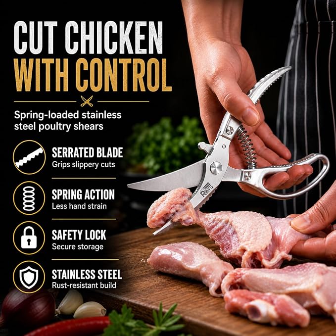 Heavy Duty Poultry Shears, Spring Loaded Kitchen Scissors for Chicken, Turkey, Meat & Fish, Stainless Steel Meat Scissors & Chicken Bone Cutter, Dishwasher Safe with Safety Lock & Gift Box