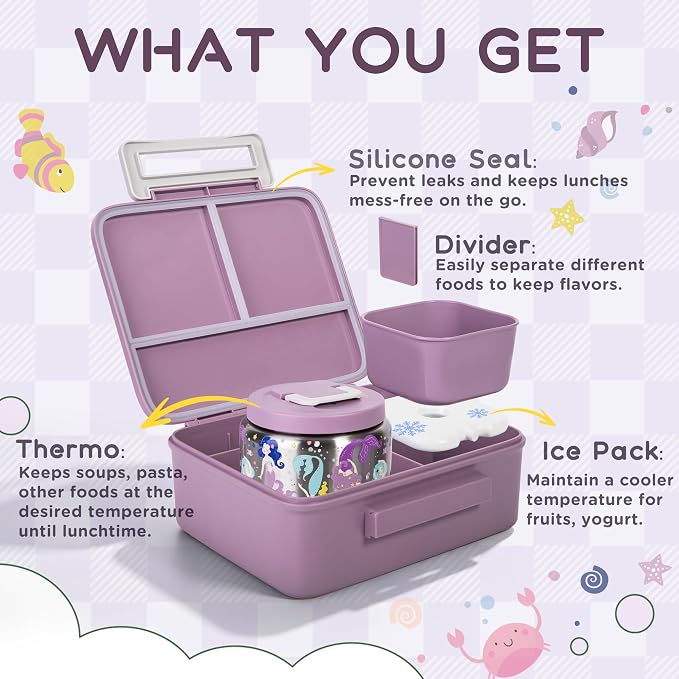 Kids Bento Lunch Box with 8oz Thermo, Ice Pack & Dividers for School | Food Container 5 Compartments,Insulated Food Jar,Keep Warm&Cold,Removable Dividers,Leak-Resistant,BPA-Free,Easy to Clean