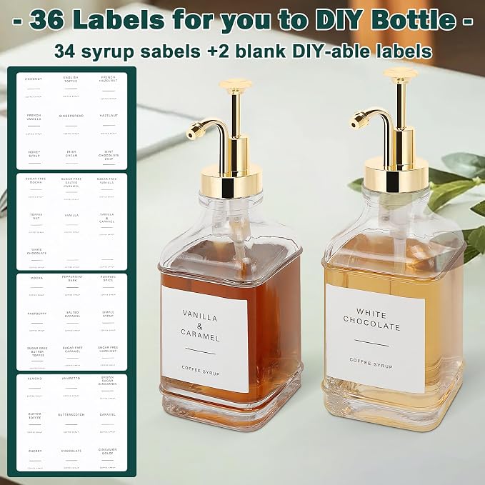 Coffee Syrup Dispenser for Coffee Bar, Clear Glass Syrup Bottles with Pump, Refillable Maple Syrup Storage, Coffee Station Accessories and Organizer, 500ml, Set of 2 (Gold)