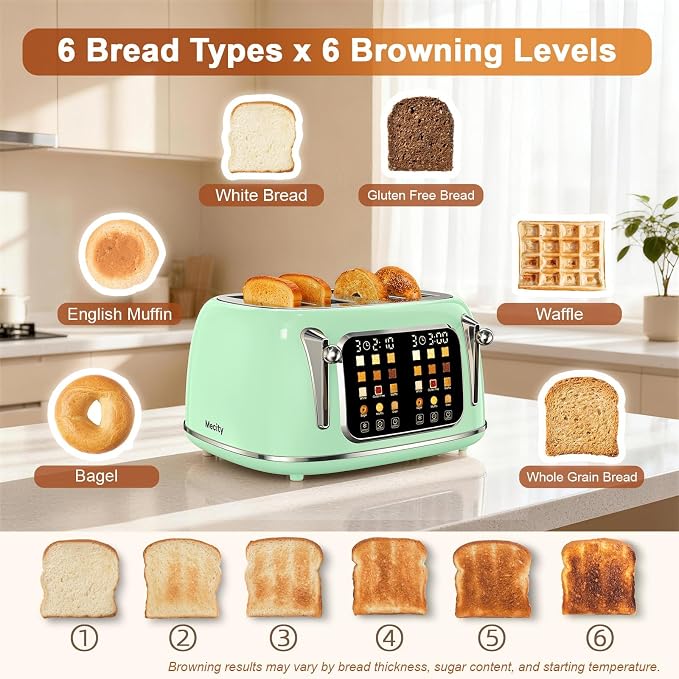 Mecity Toaster 4 Slice, Touch Screen Wide Slot Retro Toaster For Breads Bagel Muffin Waffle, House Warming Gift New Home, 120V 1650W, Light Green
