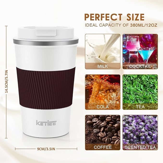 KETIEE Travel Coffee Mug 12oz: Reusable Insulated Coffee Cup with Leakproof Lid, Travel Tumbler, Vacuum Stainless Steel Coffee Mug to Go for Hot/Iced Coffee Tea Water (White)