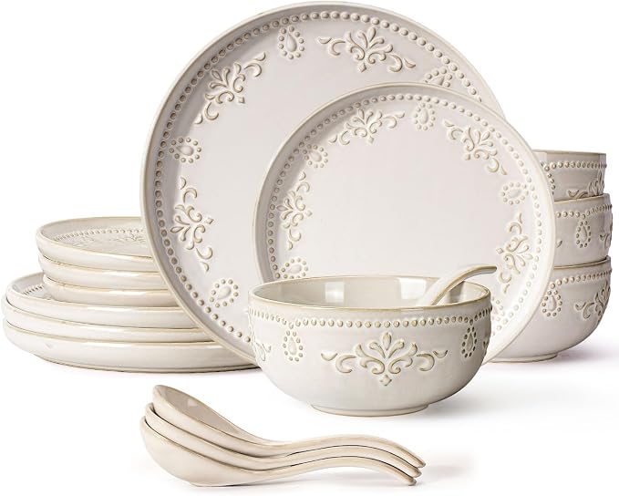 Plates And Bowls Sets, 16 Pieces Dinnerware Sets, Dish Set For 4, Ceramic Kitchen Bowl And Plate Set, Embossed White Dishware Sets, Dishwasher & Microwave Safe (Damask Floral)