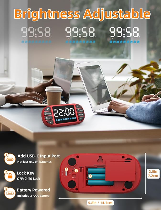 Digital Kitchen Visual Timer: 3.6'' Large LED Display, Magnetic, 3 Brightness, 4 Alarms and Volume, Memory Function, Countdown Count up for Cooking, Classroom, Home Gym, AAA Battery Included