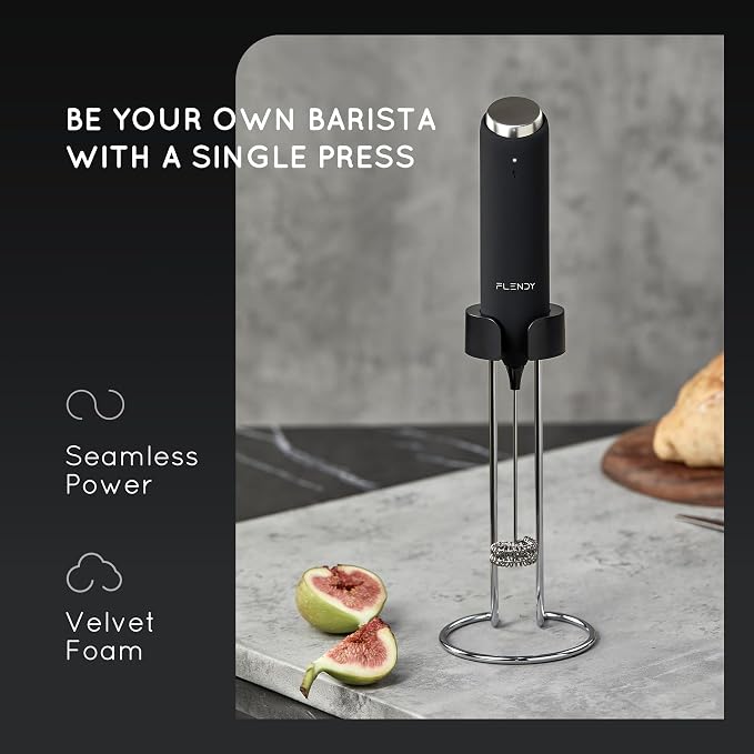 Flendy Rechargeable Milk Frother Handheld with Charging Stand | USB-C Charging Dock, 2 Detachable Double Whisk, Extra Long Mixer Wand, Wall Mount, Top Button, Compact Electric Stirrer
