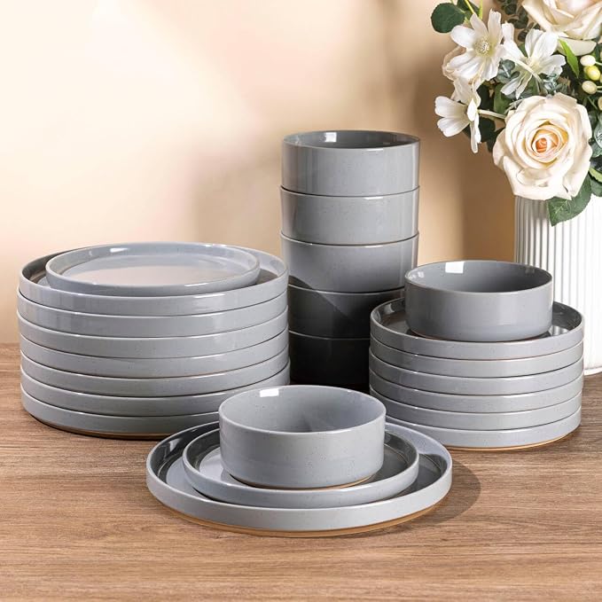 AmorArc Stoneware Dinnerware Sets for 8,24Pcs Plates and Bowls Set | Handmade Ceramic Dish Set,Dishwasher & Microwave Safe,Scratch Resistant-Gray
