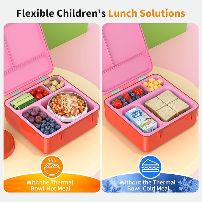 Bento Box for Kids, Lunch Box with Sticker for School | DIY Sticker Fun, Quick Lunch Packing, 4-Compartment Design, Insulated Food Jar, BPA-Free, Leak-Proof