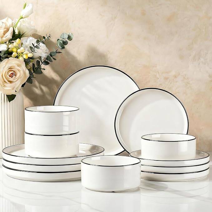 Famiware Porcelain 12-Piece Dinnerware Set, White with Black Trim | Plates and Bowls for 4, Dishwasher & Microwave Safe, Chip & Scratch Resistant, Ideal for Everyday & Formal Use