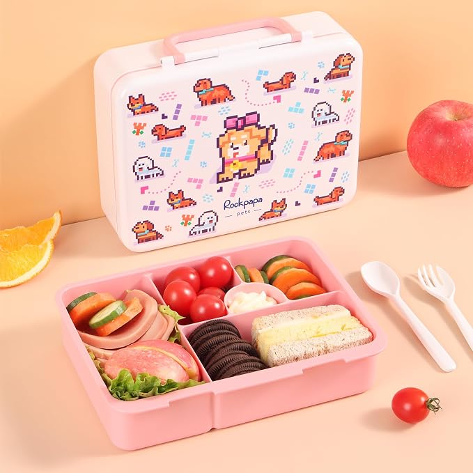 rockpapa Bento Box for Kids - Large 5.5 Cups Lunch Box with Utensils - 5 Compartments, BPA-Free, Leak Proof, Portable Handle for Boys Girls, Microwave/Dishwasher Safe (White Pets Dog)