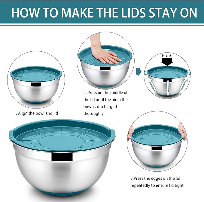 P&P CHEF Stainless Steel Mixing Bowls With Lids, Set of 6, Blue | Salad Nesting Mixing Bowls & Fitting Lids & Non-Slip Silicone Bottom, Ideal for Mixing, Storing, Size 0.7/1/1.5/2.5/3/4.6 Qt