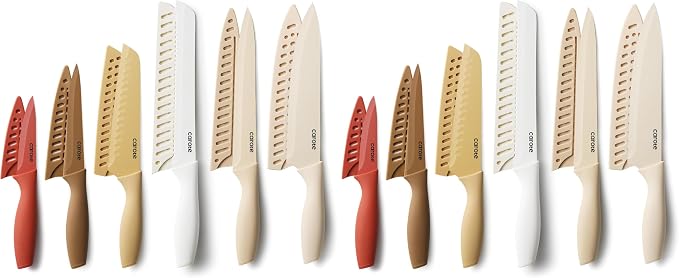 CAROTE Knife Set, 12 Pieces Kitchen Knife Set, 6 Stainless Steel Knives with Blade Guards & Nonstick Ceramic Coating, Rustproof, Color-Coded, Ergonomic Handles (Pack of 2)