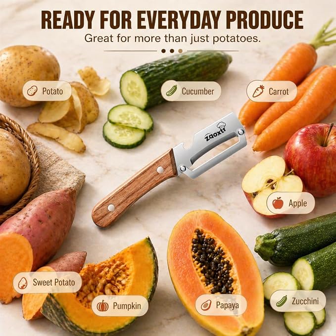 2-in-1 Multifunctional Vegetable Peeler with Bottle Opener | Wide Stainless Steel Blade and Non-Slip Wooden Handle, Kitchen Peeler for Potato, Apple, Pumpkin, Fruit and Vegetables 2pcs