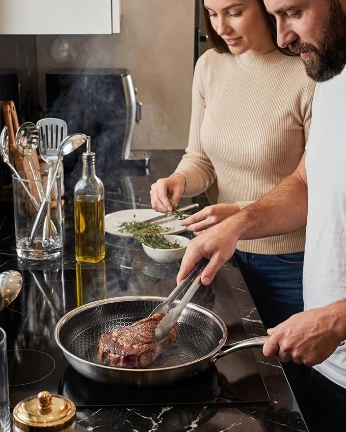 USELUCK Hybrid Non stick Frying Pans with Glass Lid, 12-Inch Frying Pan. | Stainless Steel Skillet with Honeycomb Surface,Oven-Safe,PFAS-Free,Compatible with All Cooktops.