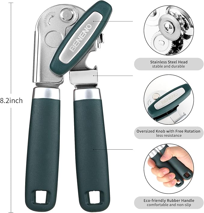Beneno Heavy Duty Hand Can Opener Manual with Magnet Lid Remover, Green | Razor-Sharp Carbon Steel Blade, Precise Smooth Cutting Gear, Big Effort-Saving Knob, Soft Grip Handle, Built-in Bottle Opener