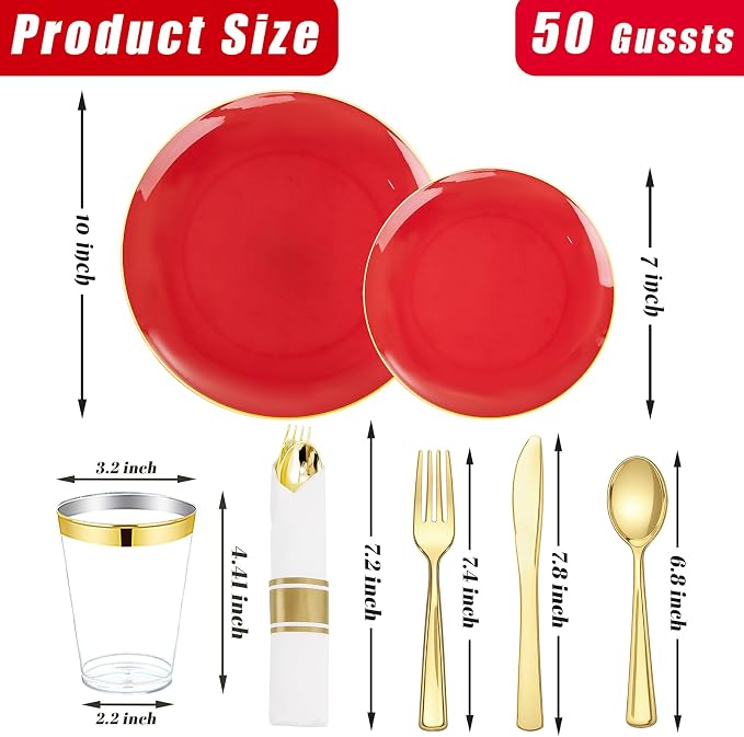 KIRE 350 PCS Red and Gold Plastic Plates - Plastic Dinnerware for Christmas | Include 100PCS Red Disposable Plates, 50PCSPre Rolled Napkins with Silverware&50PCS Cups for Party