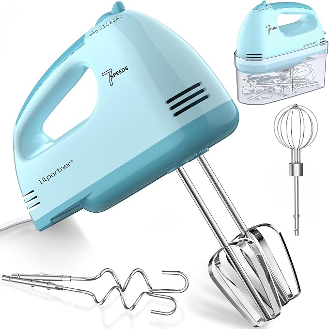 LILPARTNER Electric Hand Mixer with Storage Box, Ultra Power Kitchen Hand Mixer With 7-Speed & 5 Stainless Steel Accessories for Whipping Dough, Cream, Cake, Dishwasher Safe, BLUE BOX