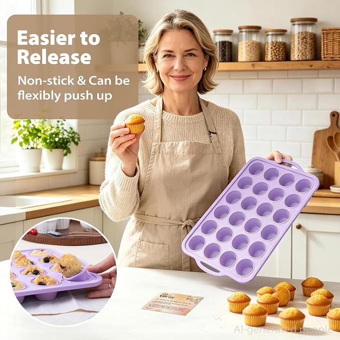 Mini Silicone Muffin Pan with Frame Non Stick Cupcake Tin Baking Mold | Silicone Cupcake Pan with Handles 24 Cup, BPA Free Silicon Muffin Tin Tray Small for Baking, Egg Bites, Cupcake Mold Purple