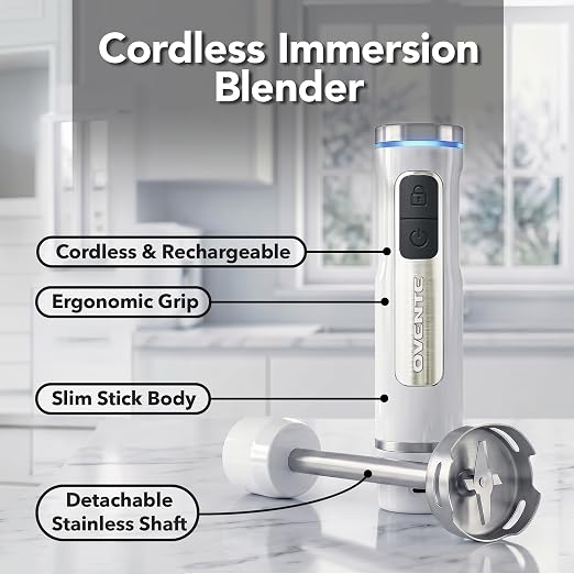 OVENTE Cordless Hand Blender, Rechargeable with 8 Mixing Speed White HR781W | 200 Watts Handheld Portable Stick Mixer, One-Touch Control and Stainless Steel Blades for Smoothies, Shakes or Soups