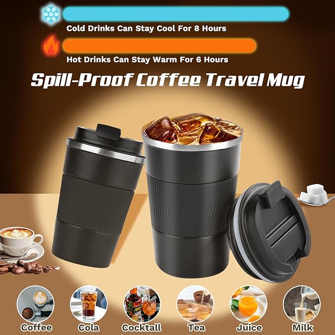 Vacuum Insulated Stainless Steel Travel Coffee Mug,Leak Proof Cup with Lid | 304 stainless steel mug with vacuum insulation, leak proof lid, silicone grip and car cup holder friendly design
