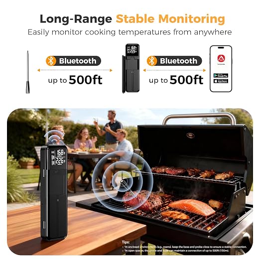 Smart Wireless Meat Thermometer, Digital Cooking Thermometer with Dual High-Accuracy Sensors, Ceramic Heat-Resistant Probe, Instant Read LCD & App Control for Kitchen,BBQ, Oven,Grill,Air Fryer, Black