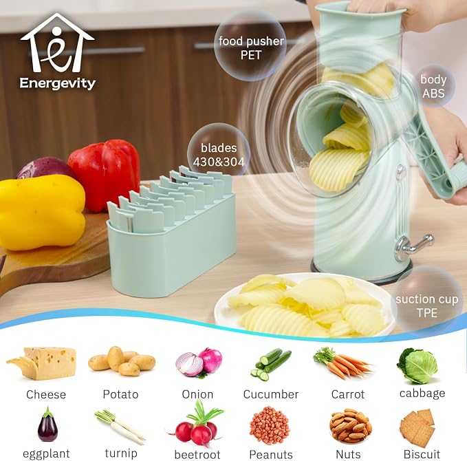 ENERGEVITY Hand Crank Rotary Cheese Grater, 5-in-1 Vegetable Slicer (Green) | Easy to clean.Strong suction base.Internal barrel keeps hands away from blades.BPA-free food-grade ABS plastic.