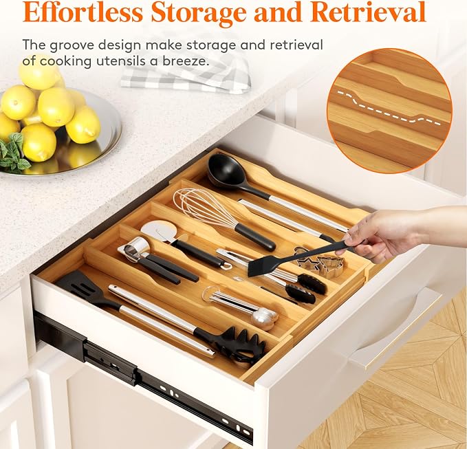 Lifewit Utensil Drawer Organizer, Expandable Kitchen Tool Tray | Wood Adjustable Flatware and Spatula Storage Divider, 11-19.7 x 17 x 1.8“, Natural