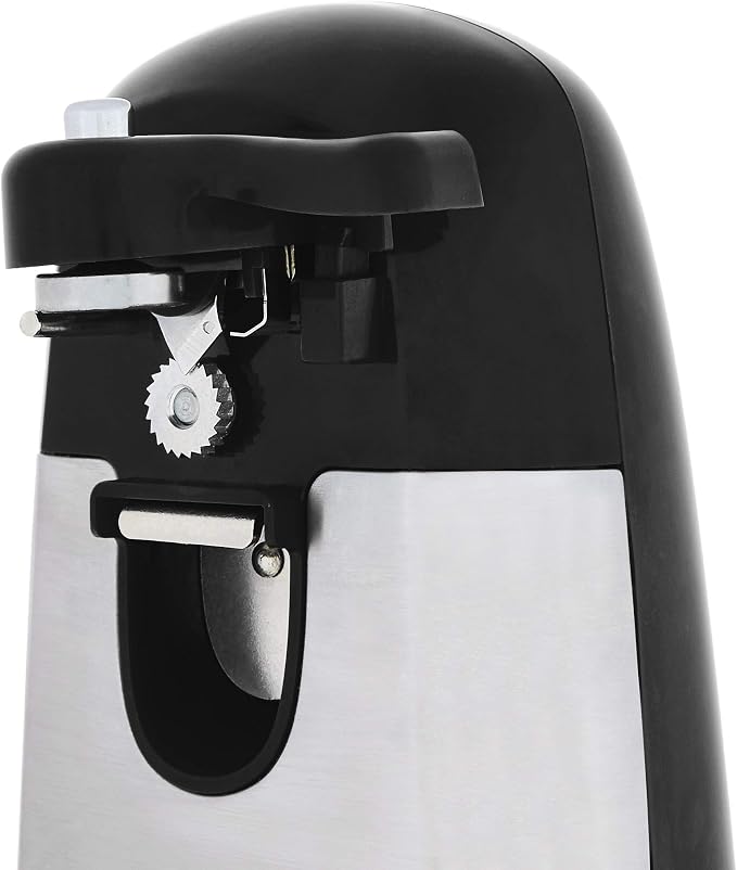 Amazon Basics 3-In-1 Electric Can Opener, Bottle Opener and Knife Sharpener with Stainless Steel Blade, Magnetic Lid Holder, Safe, Easy to Use, Powerful, Sleek Design, 50W, Black