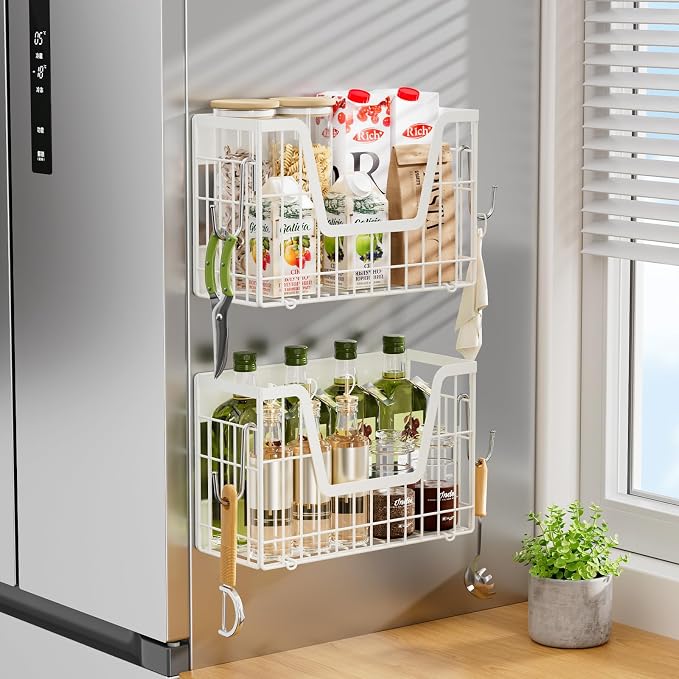 2 Set Magnetic Fridge Shelf, White Magnetic Fruit Basket for Fridge | Potato and Onion Storage Bins, Wire Baskets Magnet Shelves Spice Rack for Refrigerator Laundry Kitchen Organizer and Storage