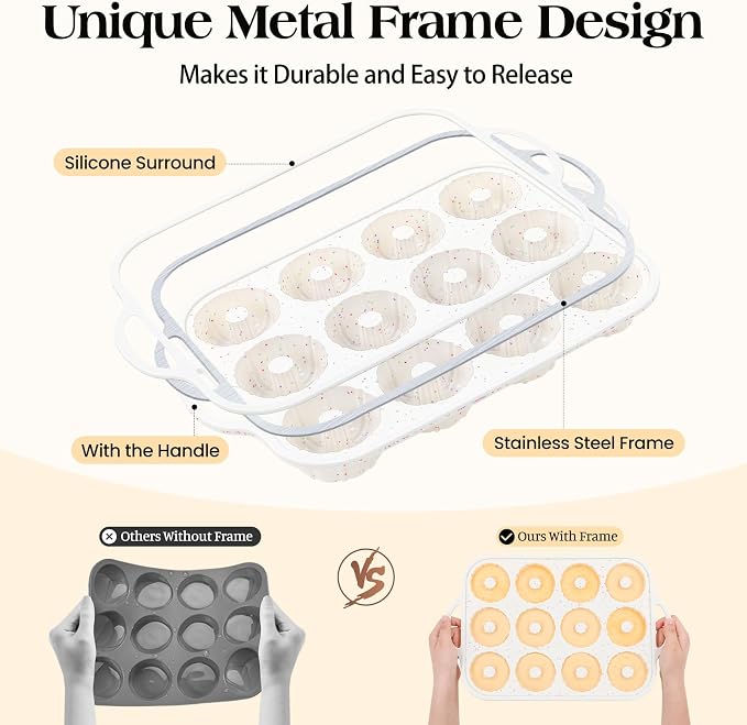 Vinino 3 Inch Silicone Mini Fluted Tube Cake Pans, 2 Pack with Metal Frame | 12-Cavity Mini Cake Mold Set for Batch Baking, Perfect for Flan, Donuts, Muffins, Brownies & Desserts