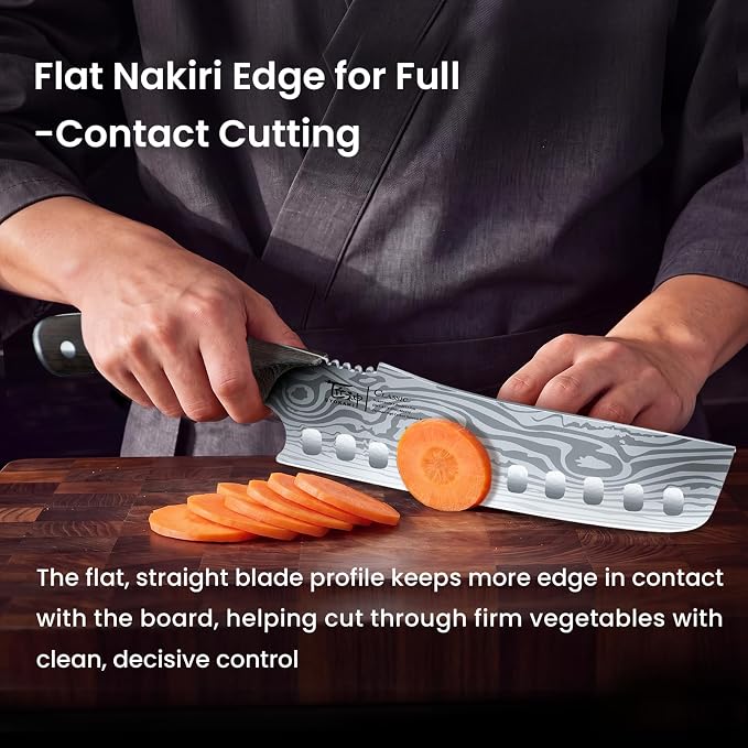 Nakiri Knife, 7.2 Inch Japanese Inspired Vegetable Chef Knife | Straight Edge, Sharpened Rounded Tip, Lightweight Full Tang Kitchen Knife with Ergonomic Wood Handle, Gift for Home Cooks