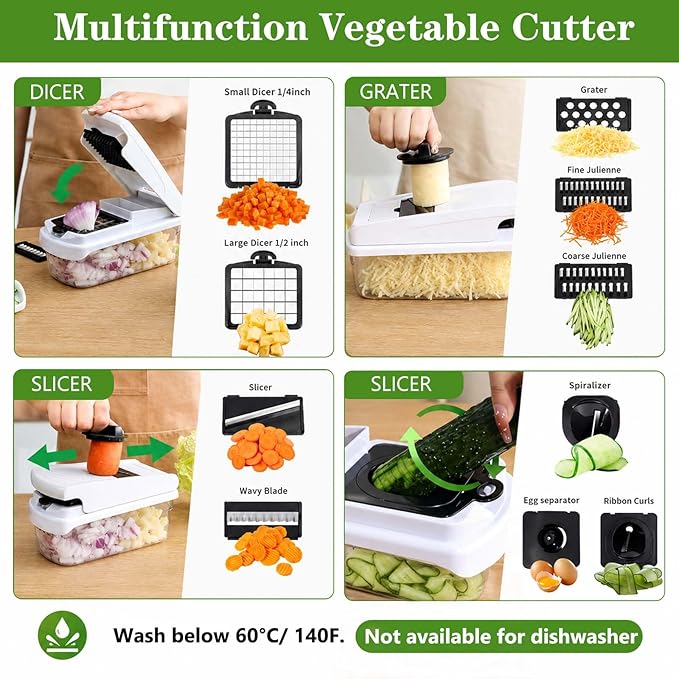 18-in-1 Vegetable Chopper Mandoline Slicer for Kitchen, Food Chopper with Container, Veggie Cutter, Onion Mincer Tomato Dicer, Fruit Slicer Spiralizer, Cheese Grater, Kitchen Gadgets House Essentials