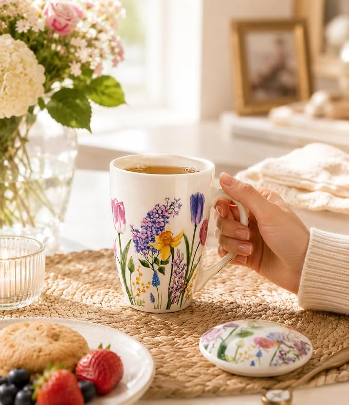 GBhome Tea Mug with Infuser and Lid,18 Ounce Ceramic Loose Leaf Cup Steeper | Lead-Free Glaze For Tea Lovers,Microwave & Dishwasher Safe with Tea Strainer