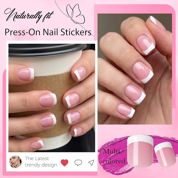 240pc Short French Tip Press on Nails Square Fake Nails with Glue Tabs | Short Nails Press ons Square Glue on Nails Pink Acrylic Nails Stick False Nail Artificial Fingernail for Women Girls