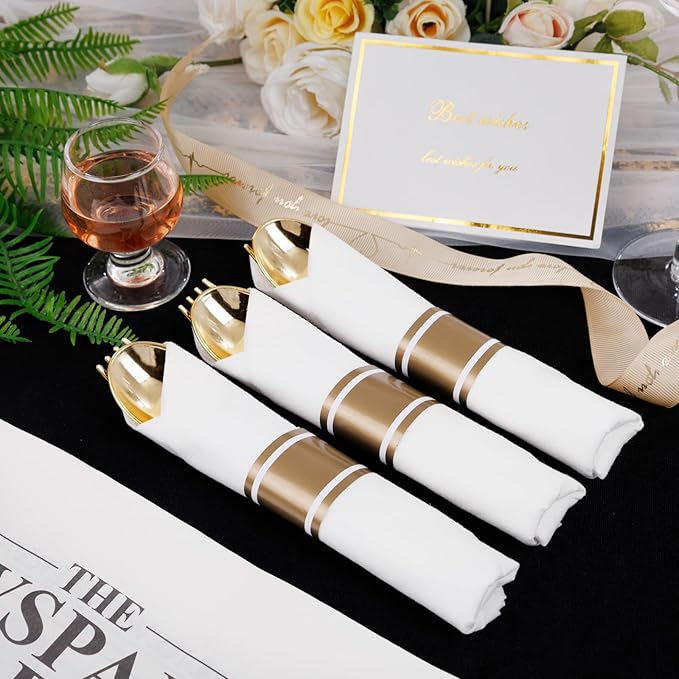 400PCS Gold Wrapped Silverware Set Disposable Hammered for Weddings | Pre-Rolled and Individually Wrapped, 100 Guests, Durable and Sturdy, BPA free, Includes Matching Napkins, for Upscale Dinners