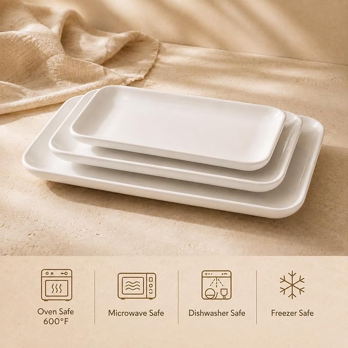 DELLING Large Serving Platter Set of 3, 16/14/12 Inch Porcelain Serving Trays for Party - White Ceramic Rectangular Platters for Entertaining, Appetizer Fruit Tray for Gethering Shower Dinner
