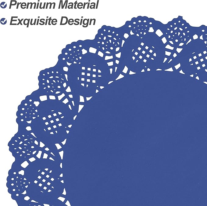 MCEAST 100 Pack Round Blue Paper Doilies 13.5 Inches Lace Place Mats Rustic Scallop Doily Disposable Paper Table Pads for Food Cakes Crafts Party Weddings Tableware Decor