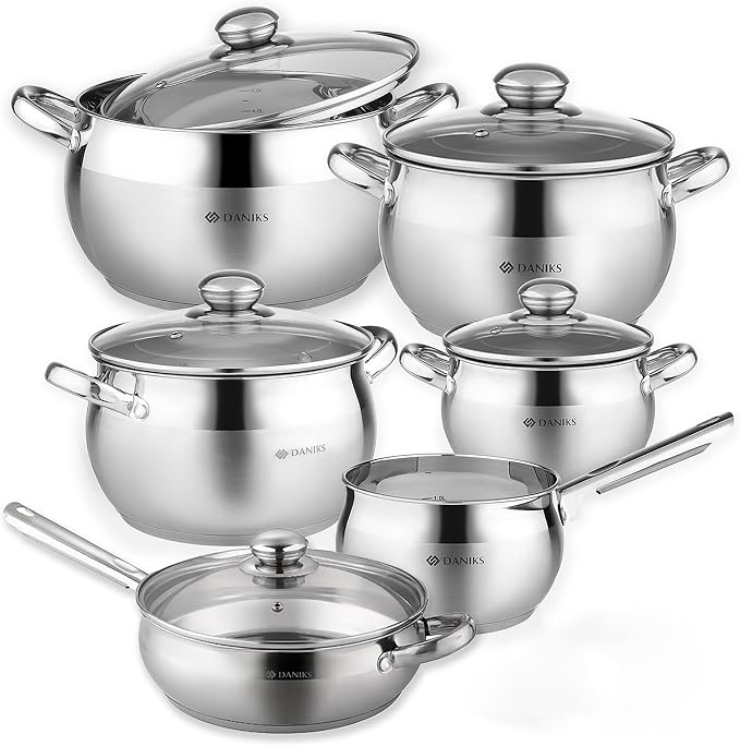 Daniks Classic 11-Piece Stainless Steel Cookware Set with Glass Lids, Includes Saucepan and Frying Pan with Lid, Tri-Ply Bases for Even Heating, Induction Compatible, Dishwasher Safe