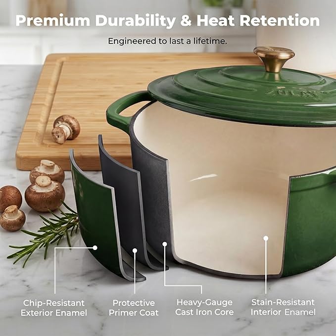 Zulay Kitchen 7.7 Quart Enameled Cast Iron Dutch Oven Pot with Lid – Premium Durability & Oven Safe up to 500°F – Heavy Duty Cookware Perfect for Bread Baking, Stews, Braising & Roasting – Green