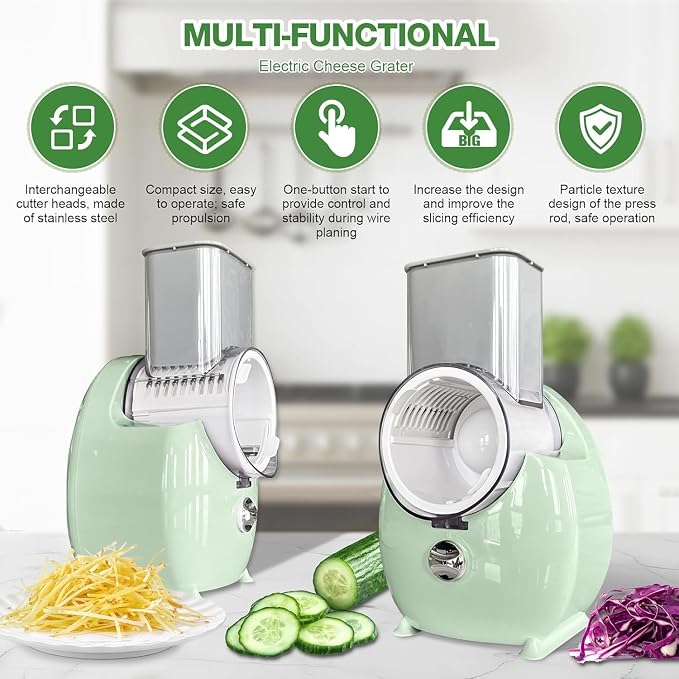 Electric Cheese Grater for Block Cheese - 3 in 1 Rotary Cheese Grater Electric Rotary Grater Salad Shooter Electric Slicer for Cheeses, Fruits, Vegetables and Nuts (Green)