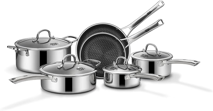 SNOWCLAD Pots and Pans Set Non Stick | Stainless Steel Kitchen Cookware | 10 Pcs | PFOA Free | Hybrid | Induction Compatible | Frying Skillet, Saucepans, Saute Pan & Stock Pot