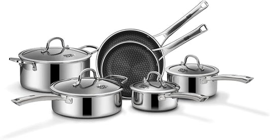 SNOWCLAD Pots and Pans Set Non Stick | Stainless Steel Kitchen Cookware | 10 Pcs | PFOA Free | Hybrid | Induction Compatible | Frying Skillet, Saucepans, Saute Pan & Stock Pot