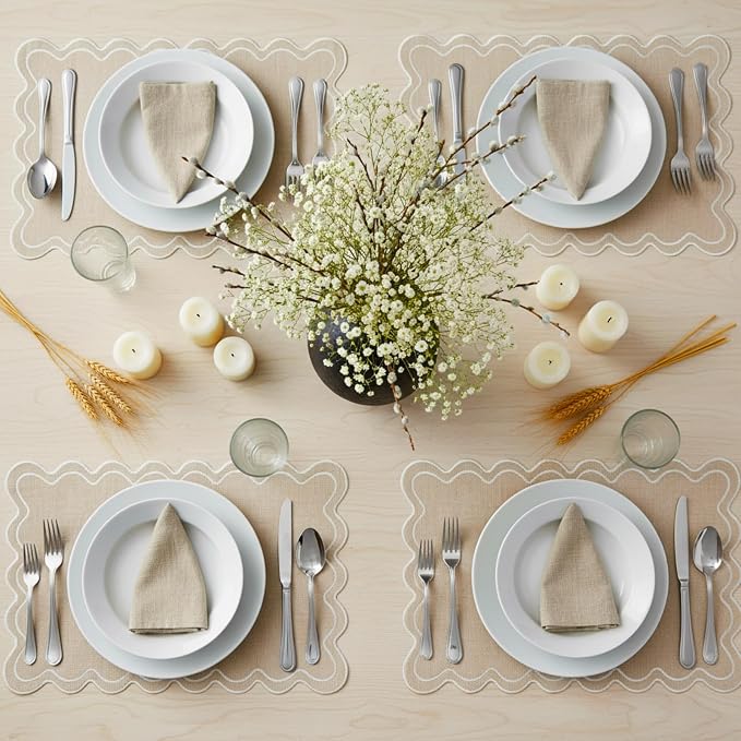 HunnmingRe Beige with Creamy White Set of 6 Cotton Linen Wedding Placemats, 13x19 Inch Scalloped Wavy Embroidery Placemat Double Layered Washable Rustic Rectangle Dinner Table Mat for Home Decor