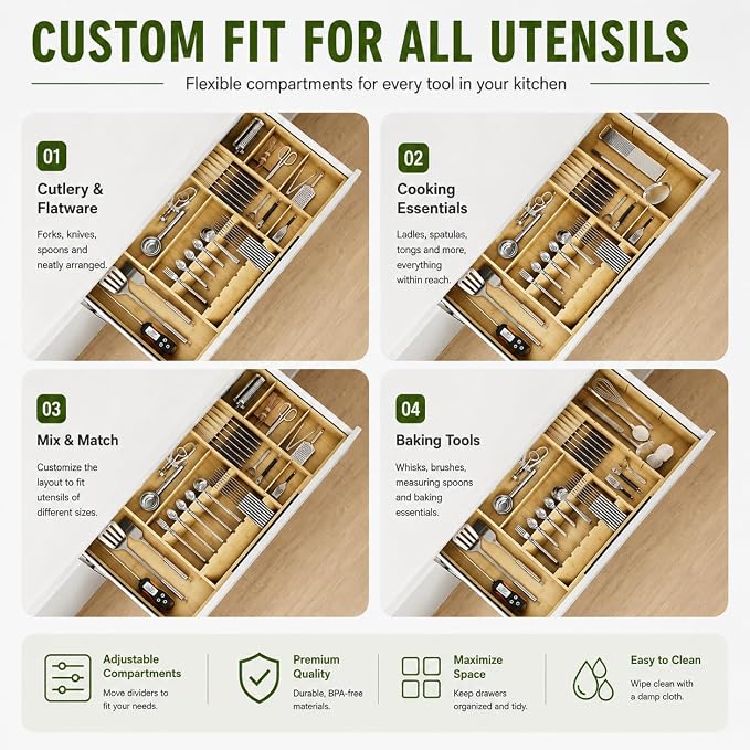 Bamboo Expandable Kitchen Drawer Organizer, 17.7-29.5 in,Natural | 5-8 detachable slots, equipped with dedicated tool slots for butter knives, storing tableware and saving space