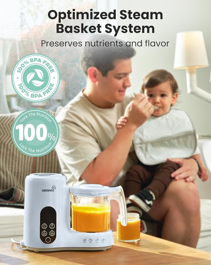 Grownsy Baby Food Maker, Steamer & Blender Baby Food Processor, Blue | BPA-Free Elevated Steam Basket, Healthy Homemade Baby Food Purees, Starting Solids & BLW, Baby Feeding Essentials, 6+ Months