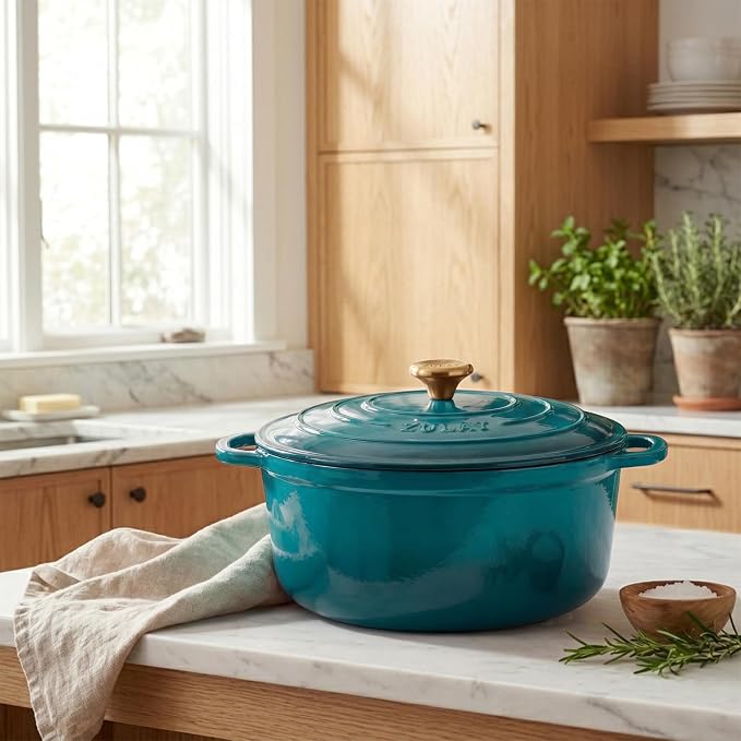 Zulay Kitchen 7.7 Quart Enameled Cast Iron Dutch Oven Pot with Lid – Premium Durability & Oven Safe up to 500°F – Heavy Duty Cookware Perfect for Bread Baking, Stews, Braising & Roasting – Emerald